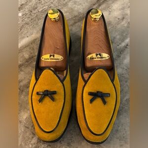 Belgian Shoes Midinette Slipper Mustard Yellow Suede Loafers Blue Trim 6.5 Flats